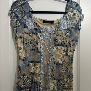 Patchwork Lace Blouse - Blue and Cream